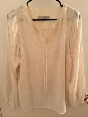LOFT Cream Textured Tie-Neck Long Sleeve Blouse